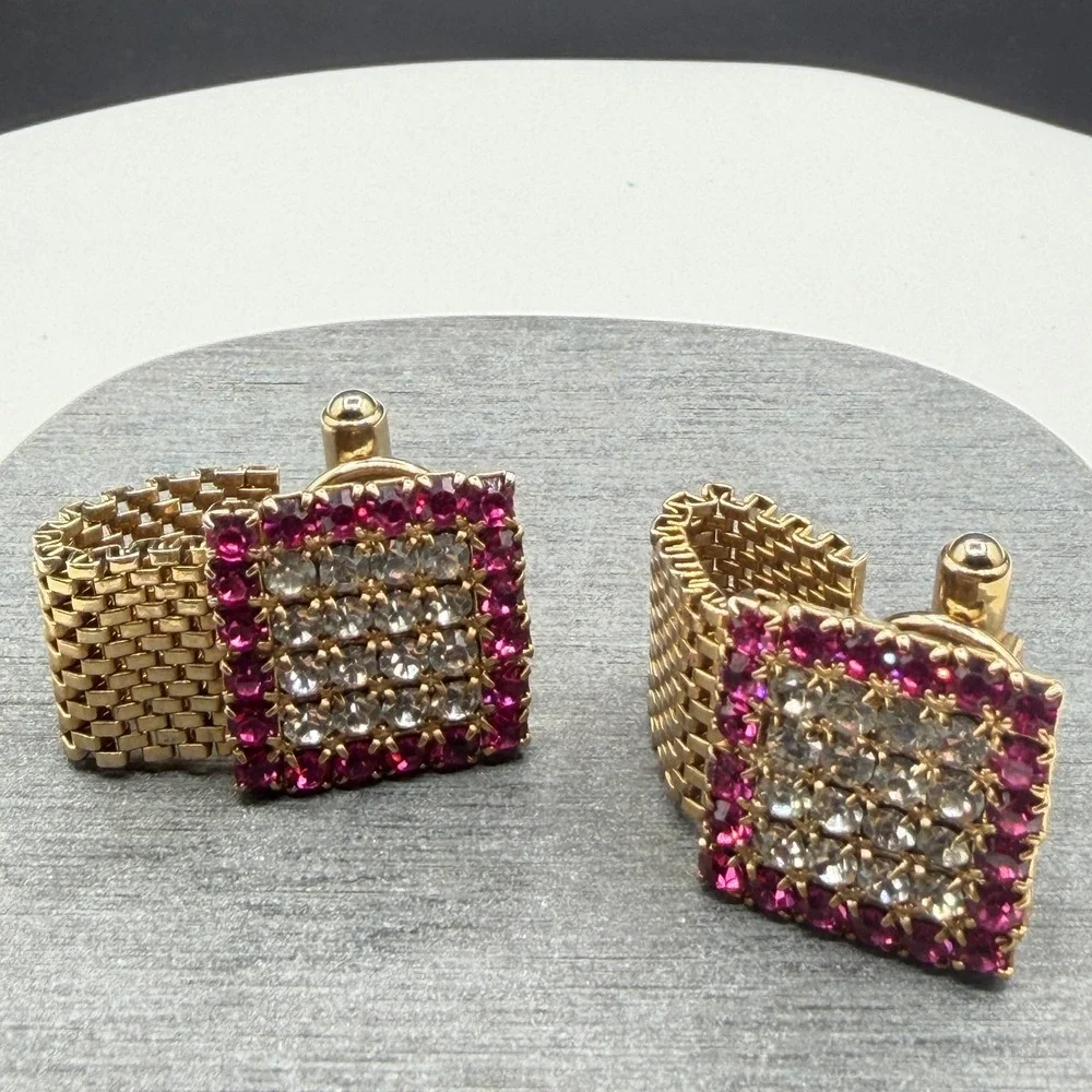 Gold Tone Pink Clear Rhinestone Square Wraparound Mesh Cufflinks Formal Jewelry
